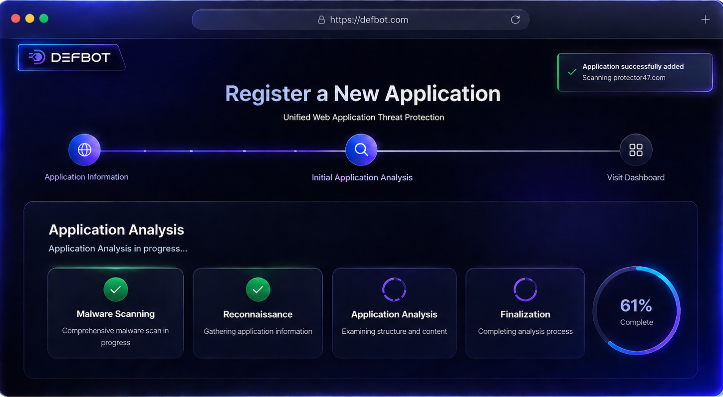 Defbot — Register a New Application onboarding flow