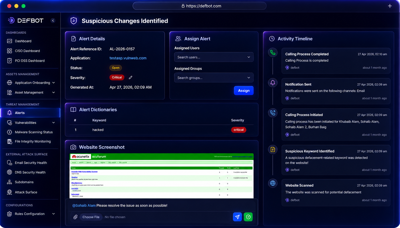 Defbot — Suspicious changes identified, alert detail and activity timeline