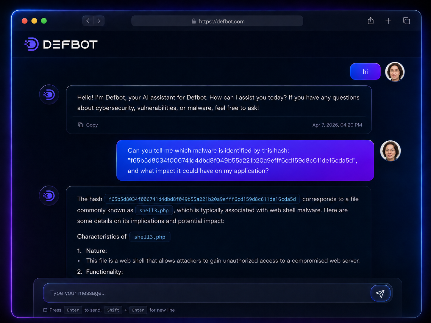 Defbot — AI assistant chat identifying a malware hash